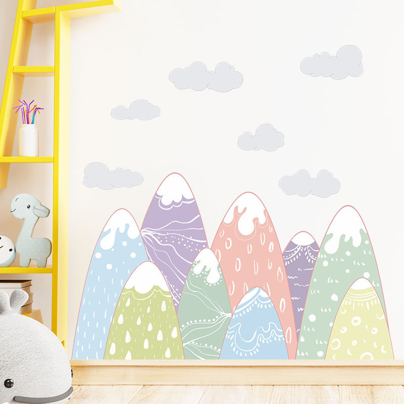 Cartoon painted mountain clouds design kids room wall stickers for living room water proof stickers kids stickers wholesale