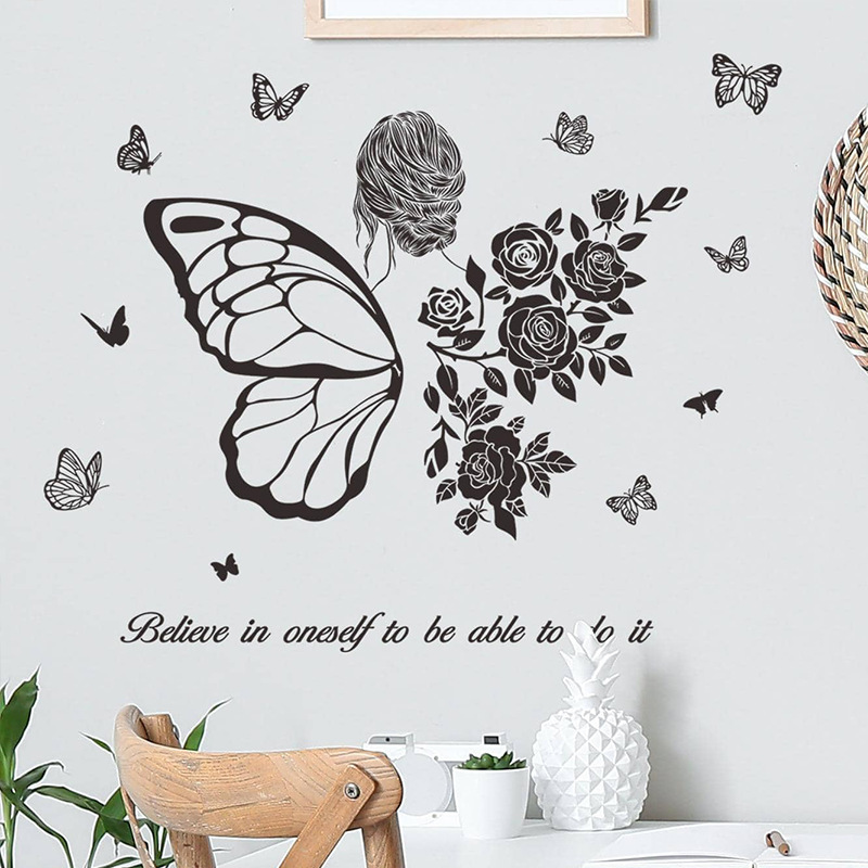 High quality roses princess butterfly decorations 3d large decoration wall decal room wall stickers for home decor