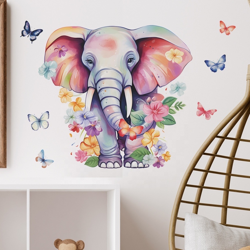 High quality cartoon elephant butterfly flowers wall sticker water proof stickers for home decor