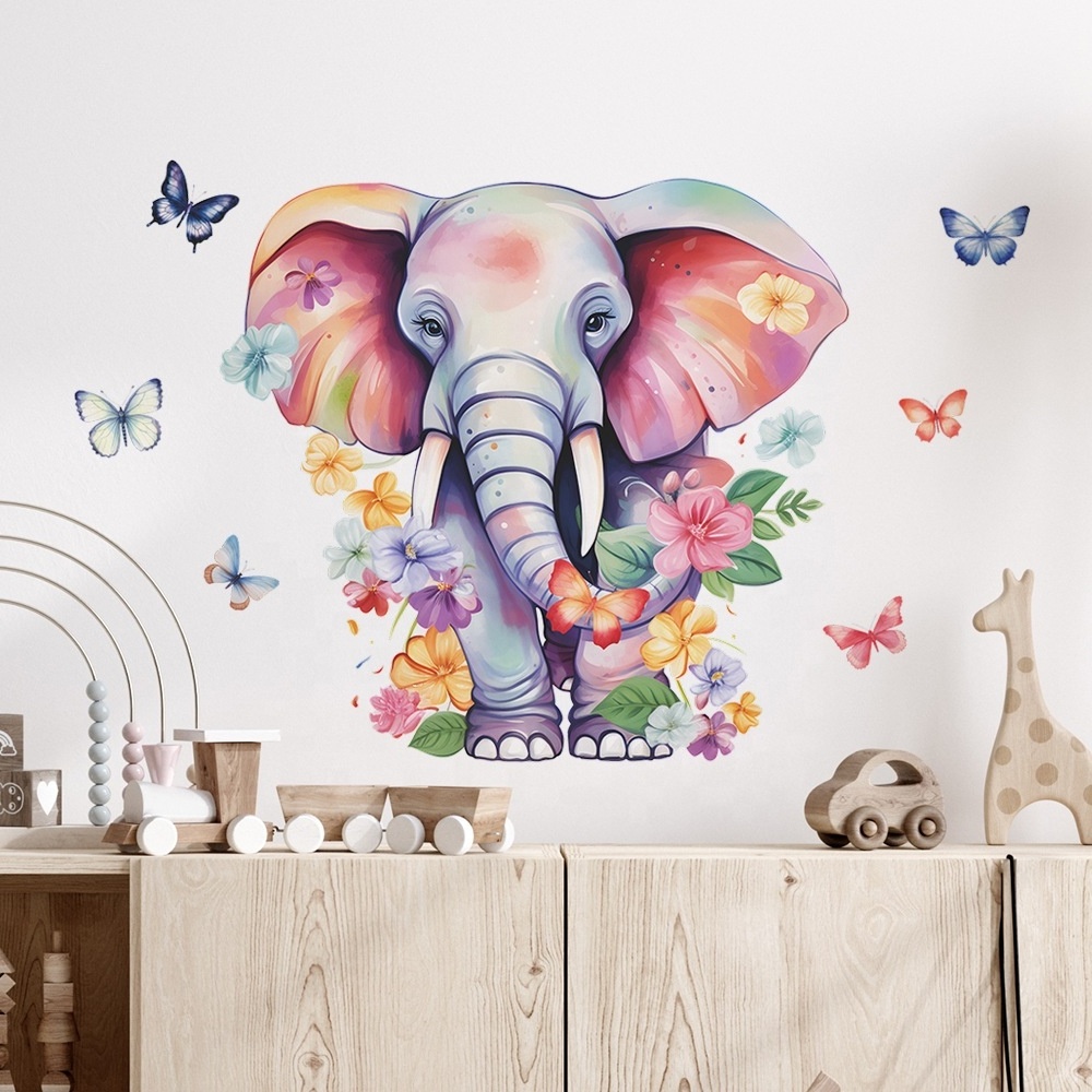 High quality cartoon elephant butterfly flowers wall sticker water proof stickers for home decor