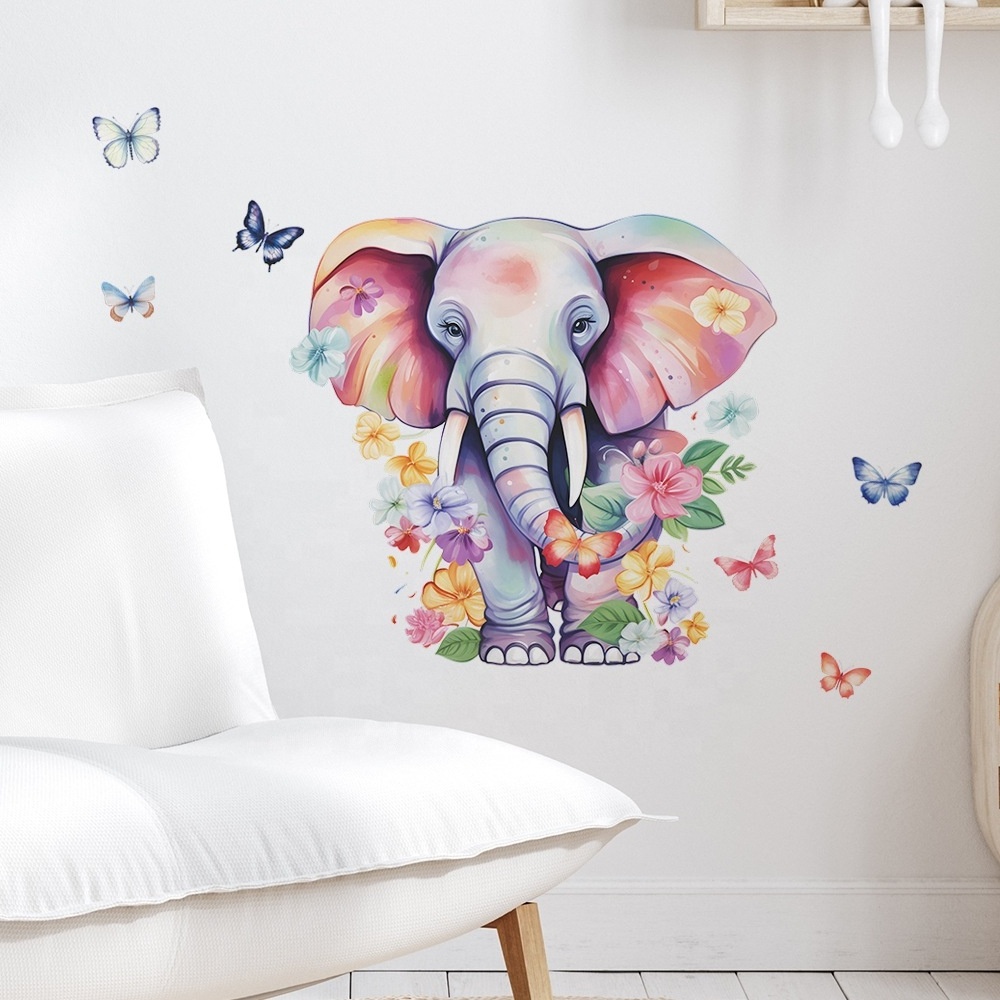 High quality cartoon elephant butterfly flowers wall sticker water proof stickers for home decor