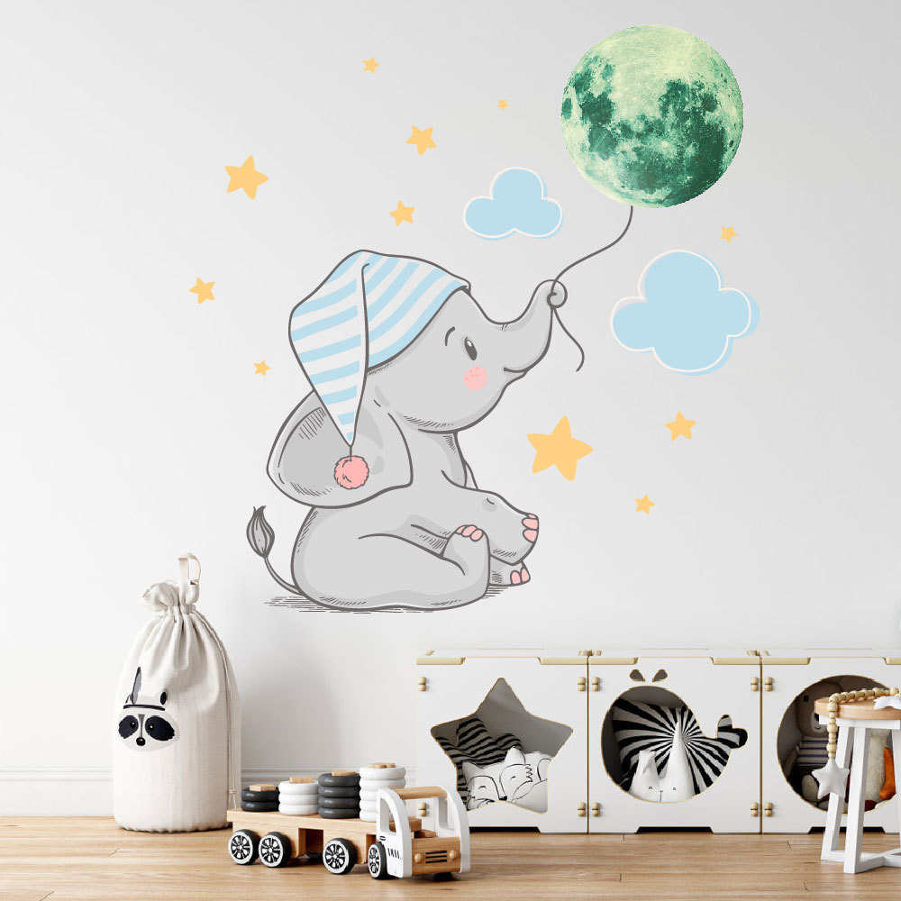 High quality elephant and moon luminous wall sticker glow in the dark stickers for home decor