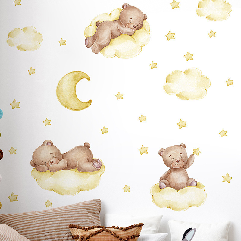 bedroom decoration cartoon bear sleep on moon baby wall decals and stickers