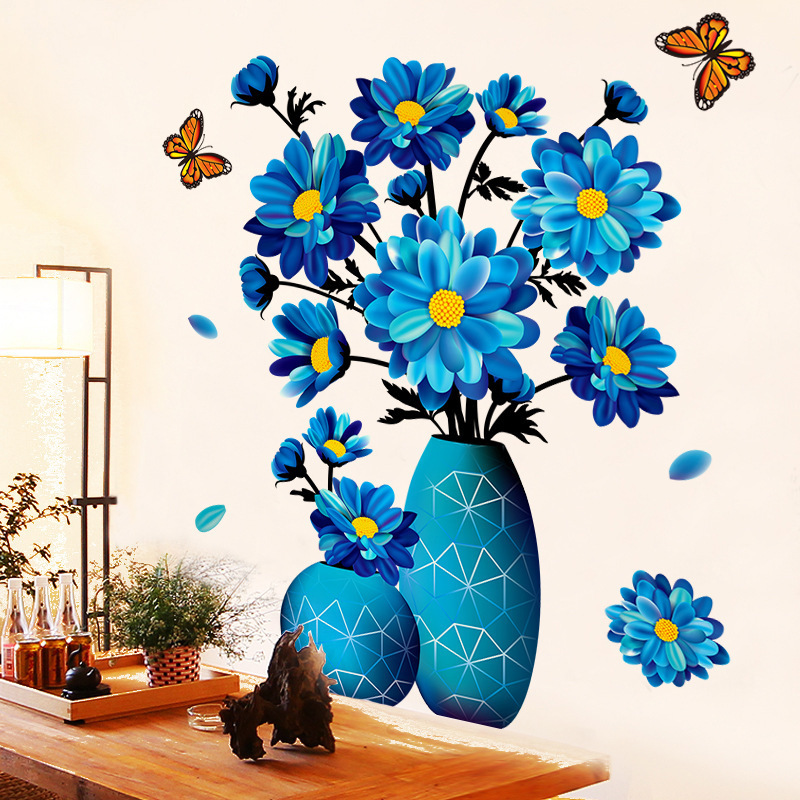 Self-adhesive living room 3d purple flower vase wall stickers for bedroom