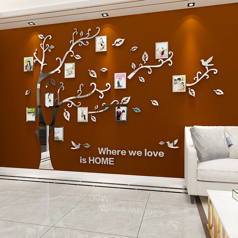 Creative family tree self-adhesive 3D acrylic mirror decor wall sticker with photo frame for living room decoration