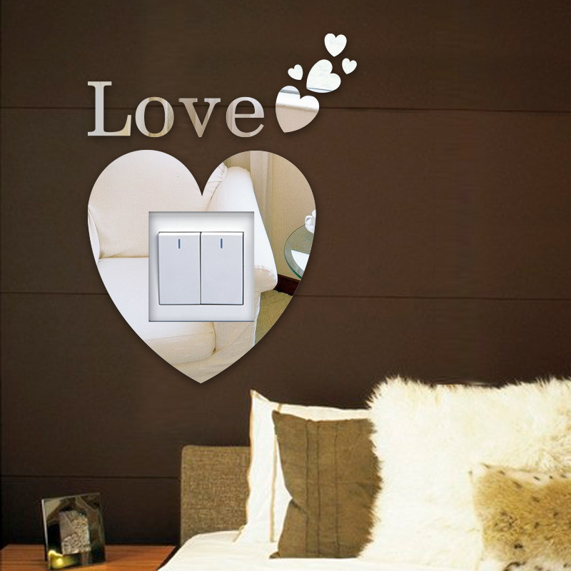 Self-adhesive 3d love shape light switch acrylic mirror wall stickers for home decor