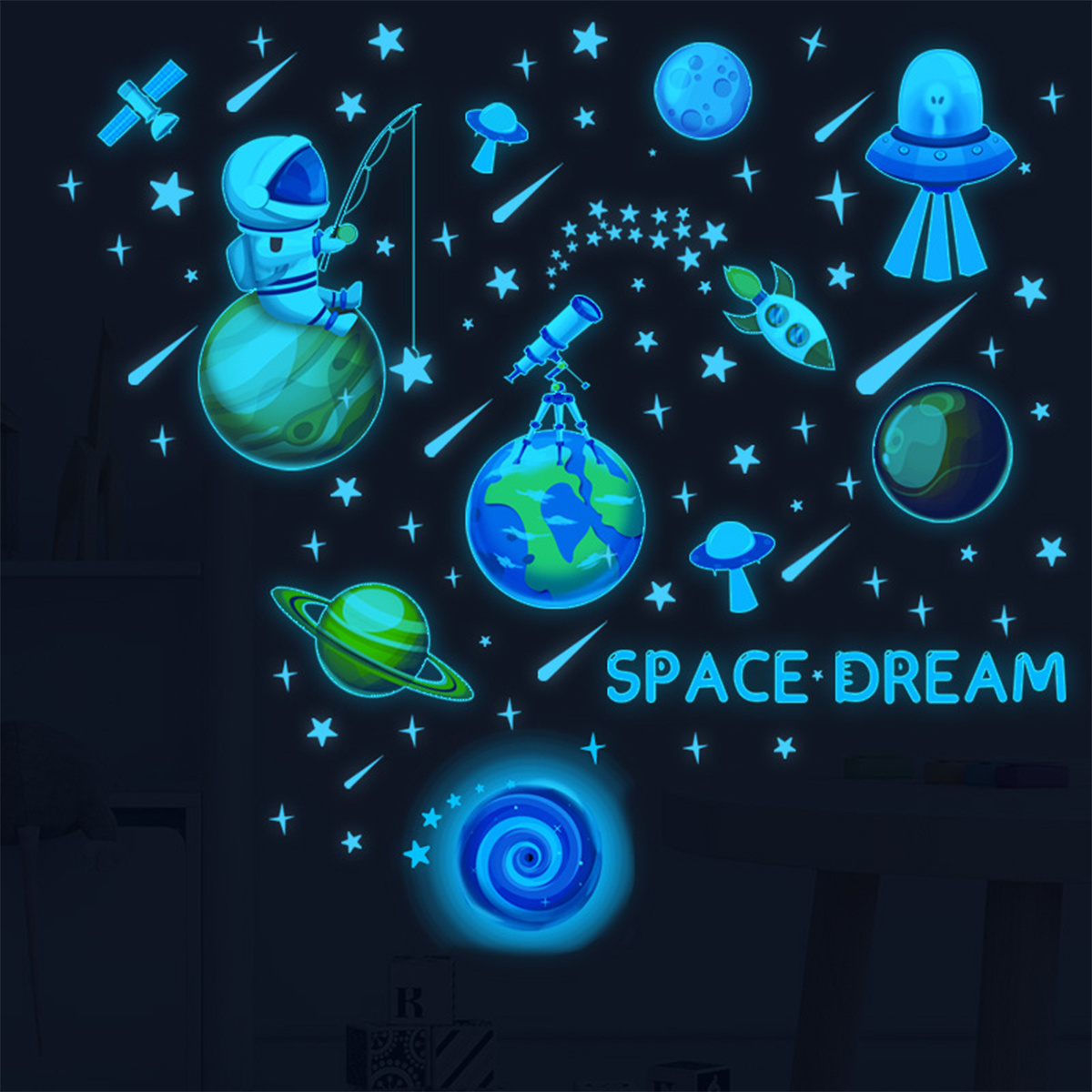 Creative astronaut and stars for kids room glow in the dark stickers for kids wall stickers for home decor