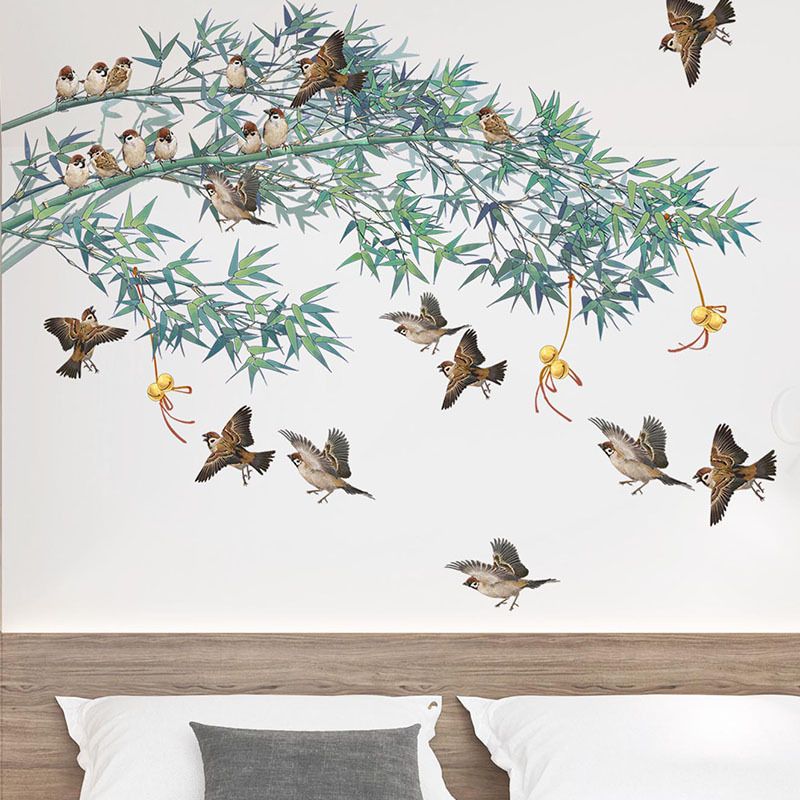 Chinese style bamboo bird wall decor kids nursery stickers wall paper sticker design