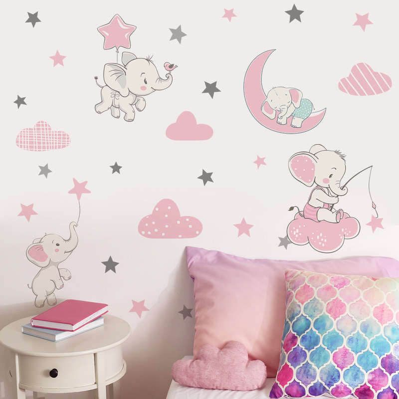 Cartoon elephant pink starry sky large decoration wall decal room wall sticker water proof wall stickers for home decor