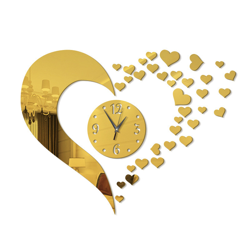 Decorative creative heart shape self adhesive 3d acrylic mirror wall clock stickers bedroom wall decals