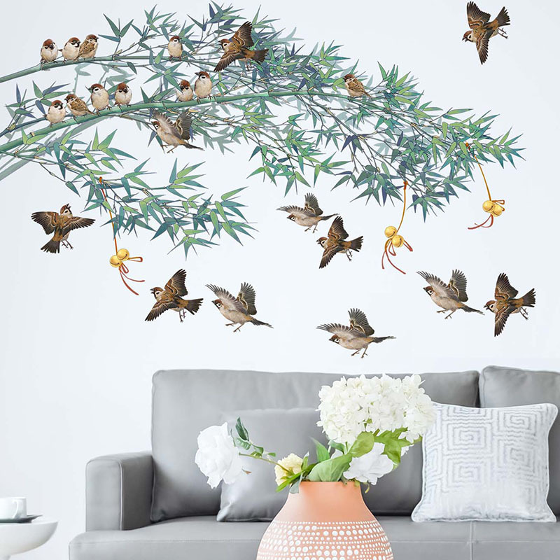 Chinese style bamboo bird wall decor kids nursery stickers wall paper sticker design