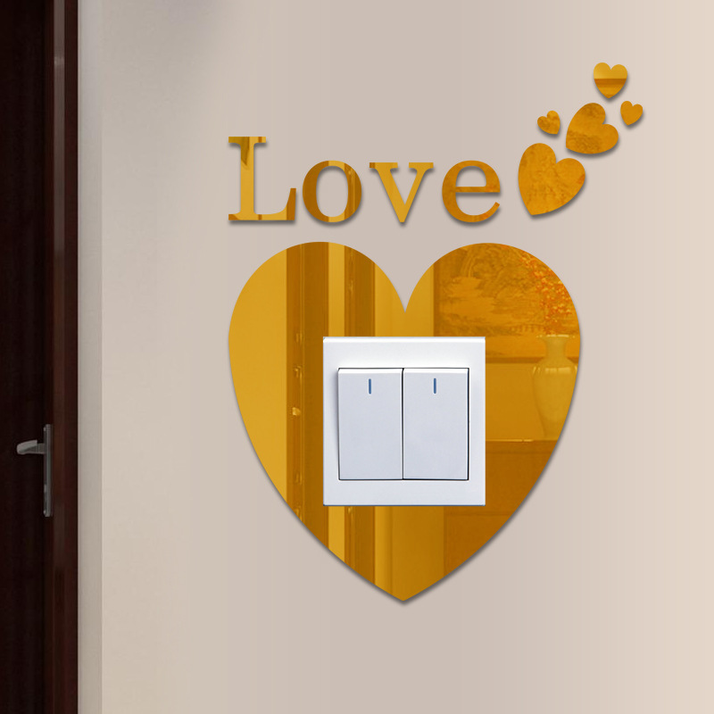 Self-adhesive 3d love shape light switch acrylic mirror wall stickers for home decor