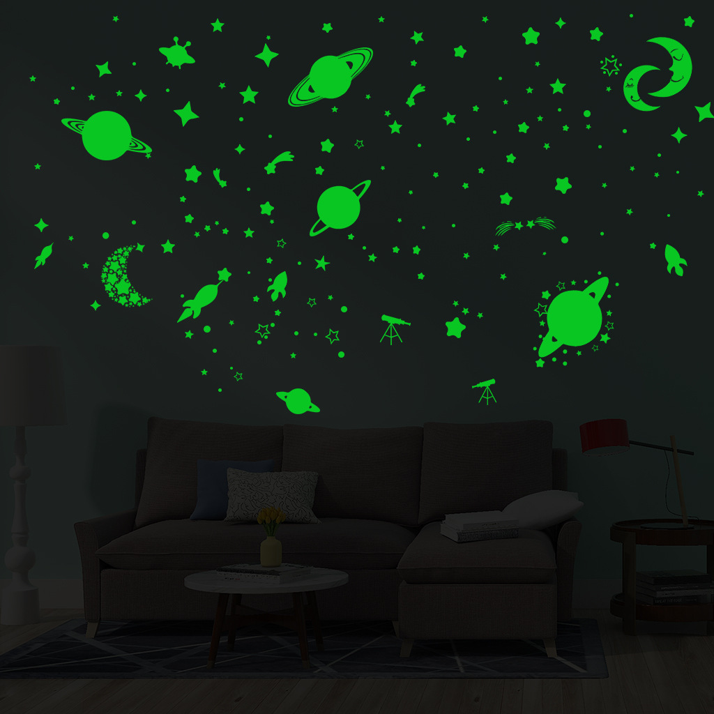 Kids room DIY green stars and moon luminous wall stickers glow in the dark stickers for home decor