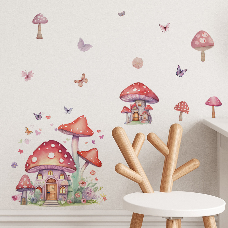 Cartoon mushroom house butterfly wall stickers water proof stickers for home decor kids room decoration