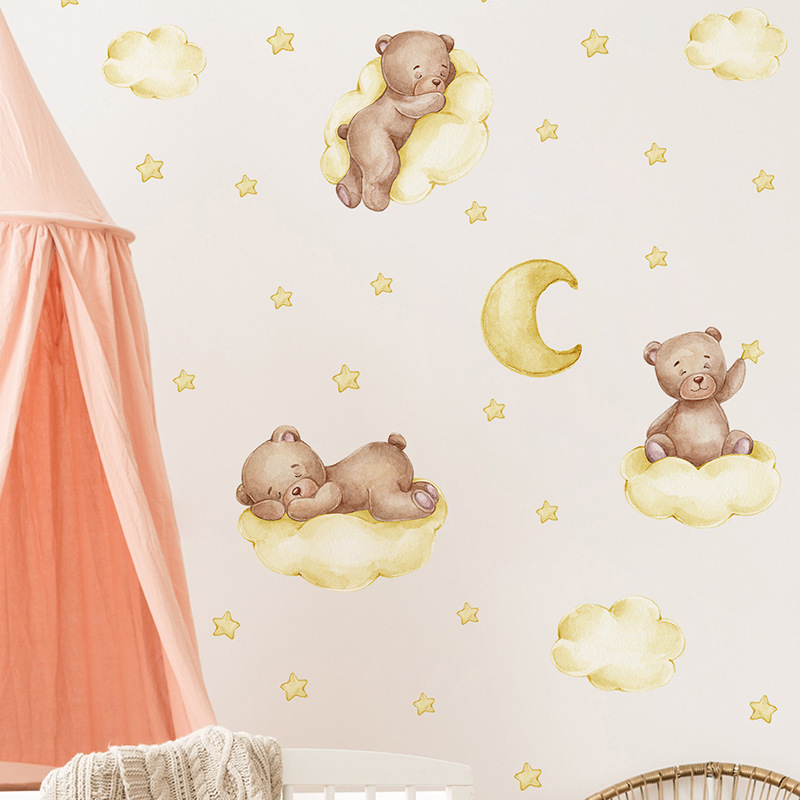 bedroom decoration cartoon bear sleep on moon baby wall decals and stickers