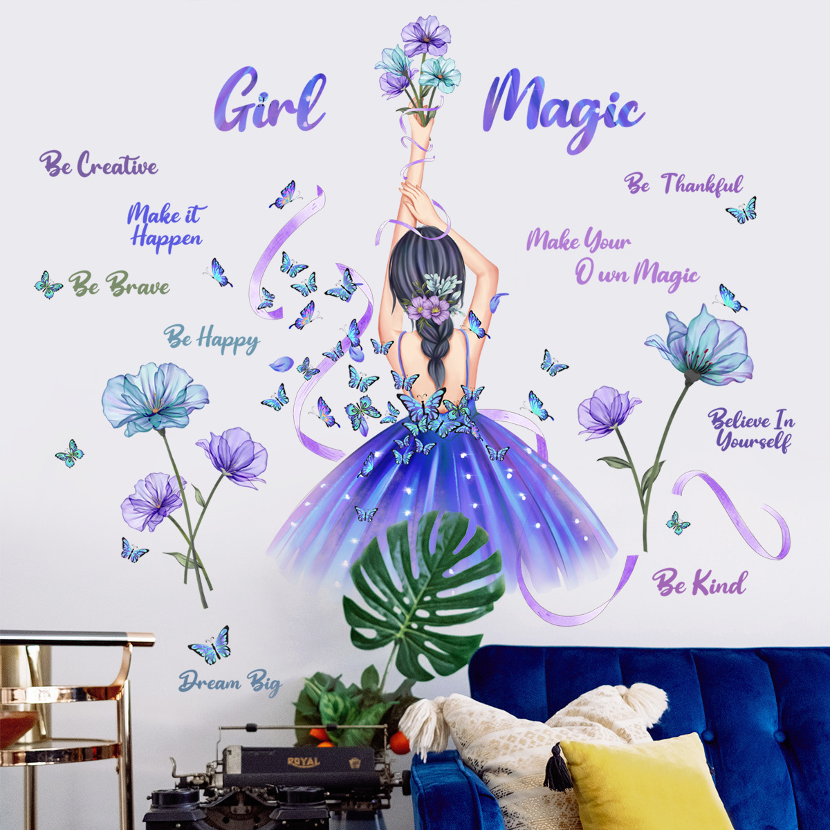 High quality girl's room flowers wall art stickers 3d butterfly decoration waterproof wall stickers for home decor