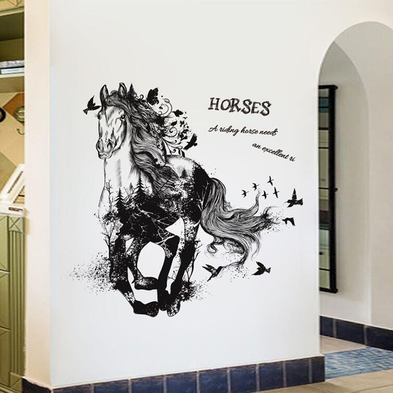 3d decorative self adhesive pvc black horse wall stickers wall decals for study room office