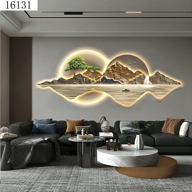 40X110CM Light luxury landscape crystal porcelain modern glass wall paintings with led home decor for living room