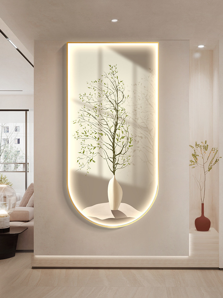 Light luxury custom green boughs crystal porcelain modern glass wall paintings with led home decor for living room