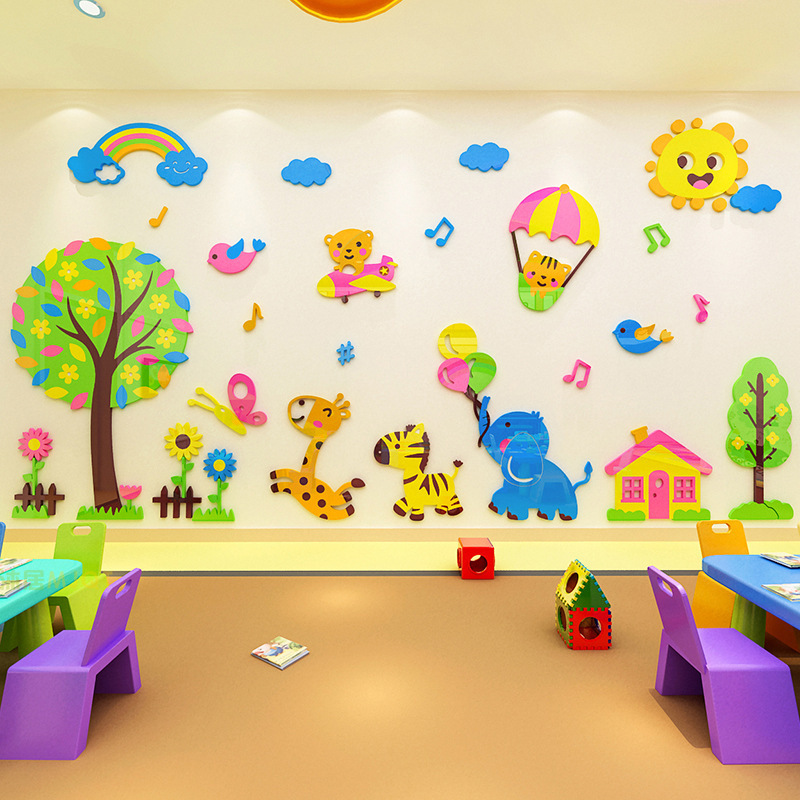 Hot sale wall decals tree 3d acrylic cute deer and elephant with rainbow decor wall stickers nursery