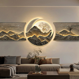 Light luxury mountains with birds porcelain modern glass wall painting wall art 3 pieces with led home decor for living room