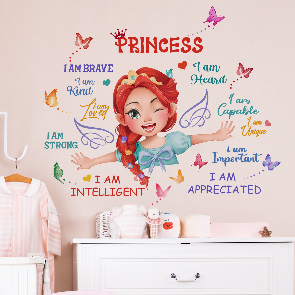 Cartoon girl 3d butterfly decoration inspirational discourse water proof stickers home decoration wall sticker