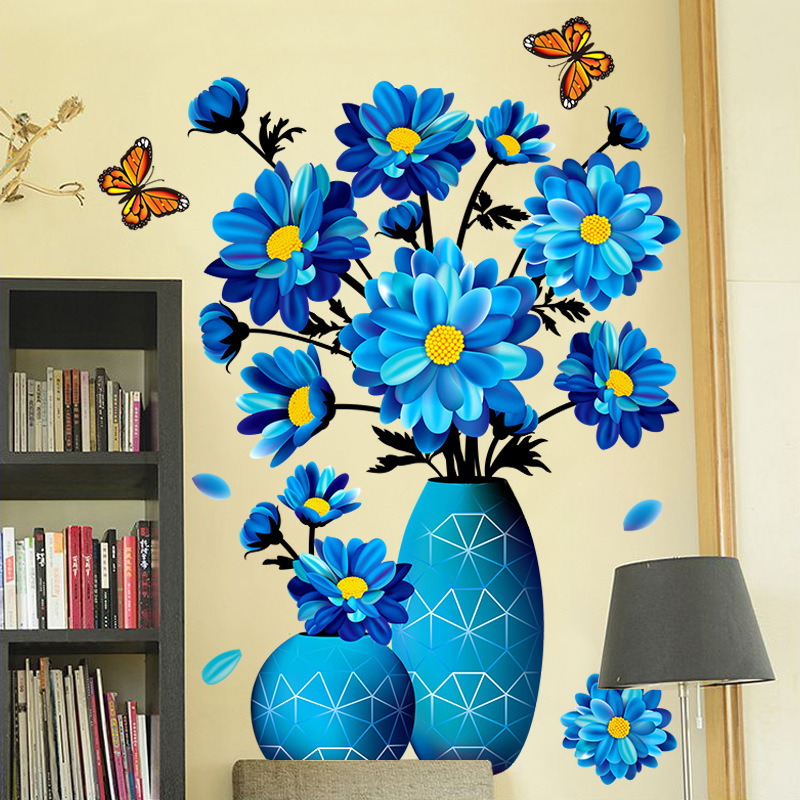 Self-adhesive living room 3d purple flower vase wall stickers for bedroom