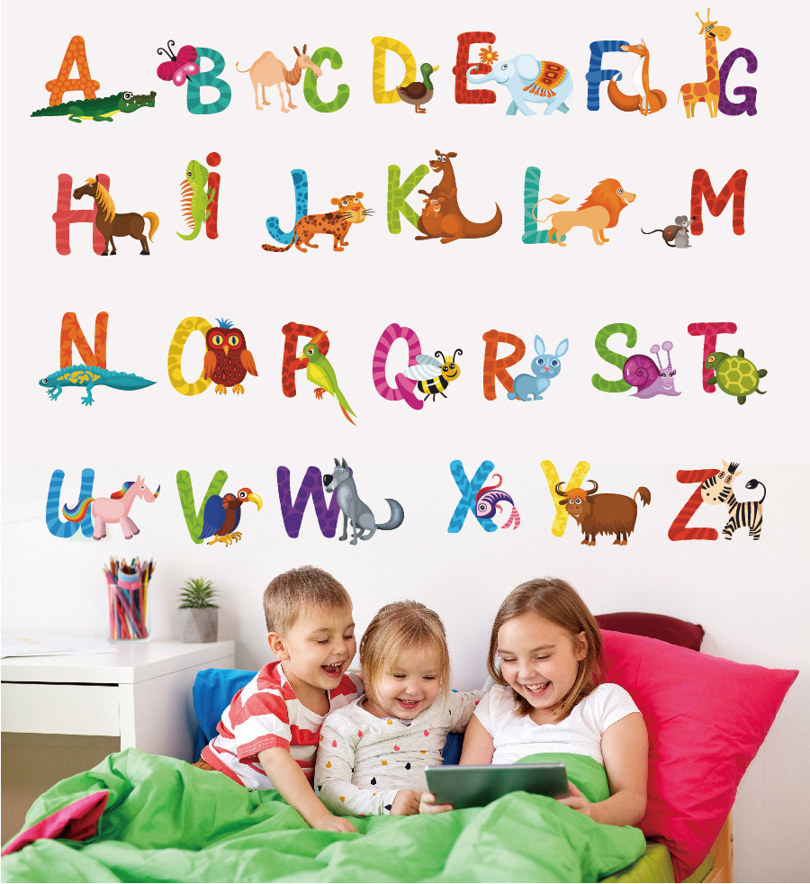 New wholesale pvc cartoon animal alphabet educational wall stickers for baby children nursery room decoration