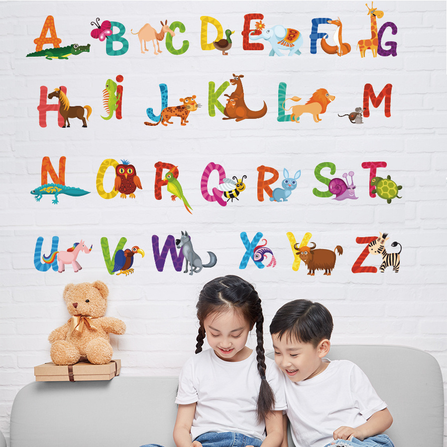 New wholesale pvc cartoon animal alphabet educational wall stickers for baby children nursery room decoration