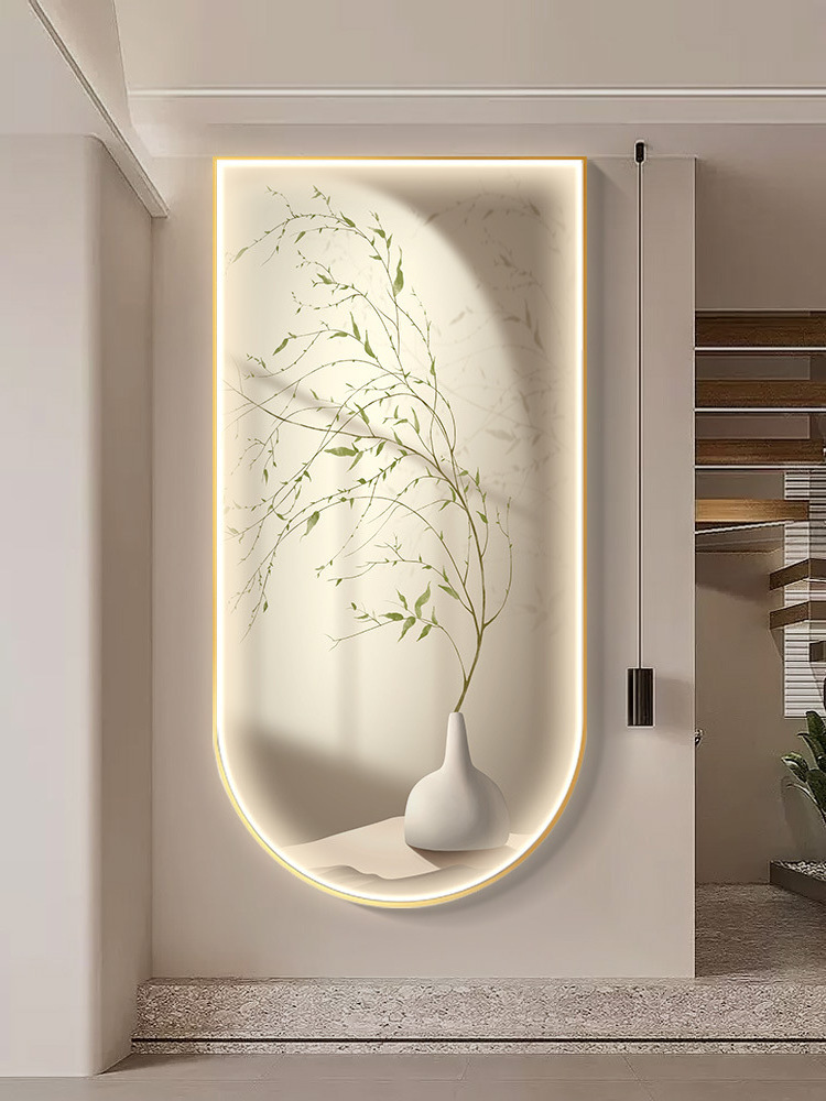 Light luxury custom green boughs crystal porcelain modern glass wall paintings with led home decor for living room