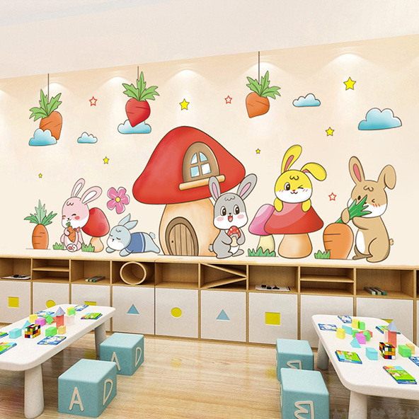 Self adhesive Mushroom and rabbit eats carrots wall stickers for kids room decoration nursery baby Kindergarten