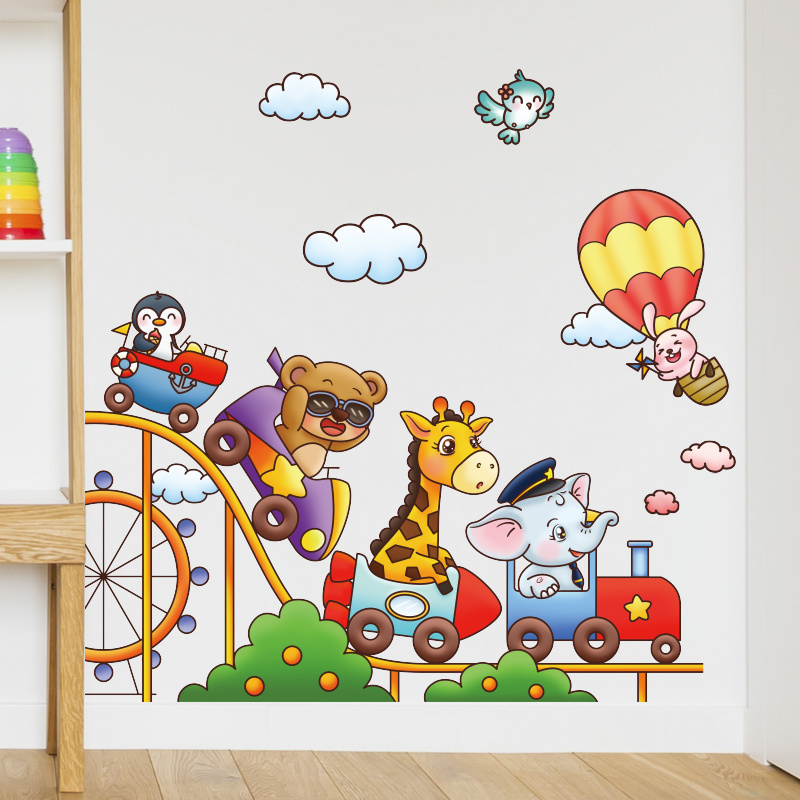 Self-adhesive new design cartoon animal train pvc wall sticker for kids bedroom nursery school decoration