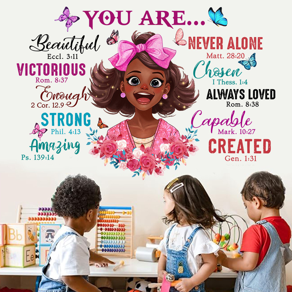 Creative cartoon black girl 3d butterfly decoration inspirational discourse water proof stickers home decoration wall sticker