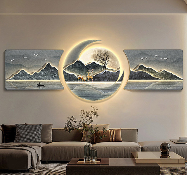 Light luxury mountains with birds porcelain modern glass wall painting wall art 3 pieces with led home decor for living room