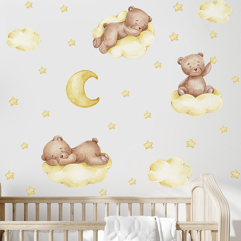 bedroom decoration cartoon bear sleep on moon baby wall decals and stickers