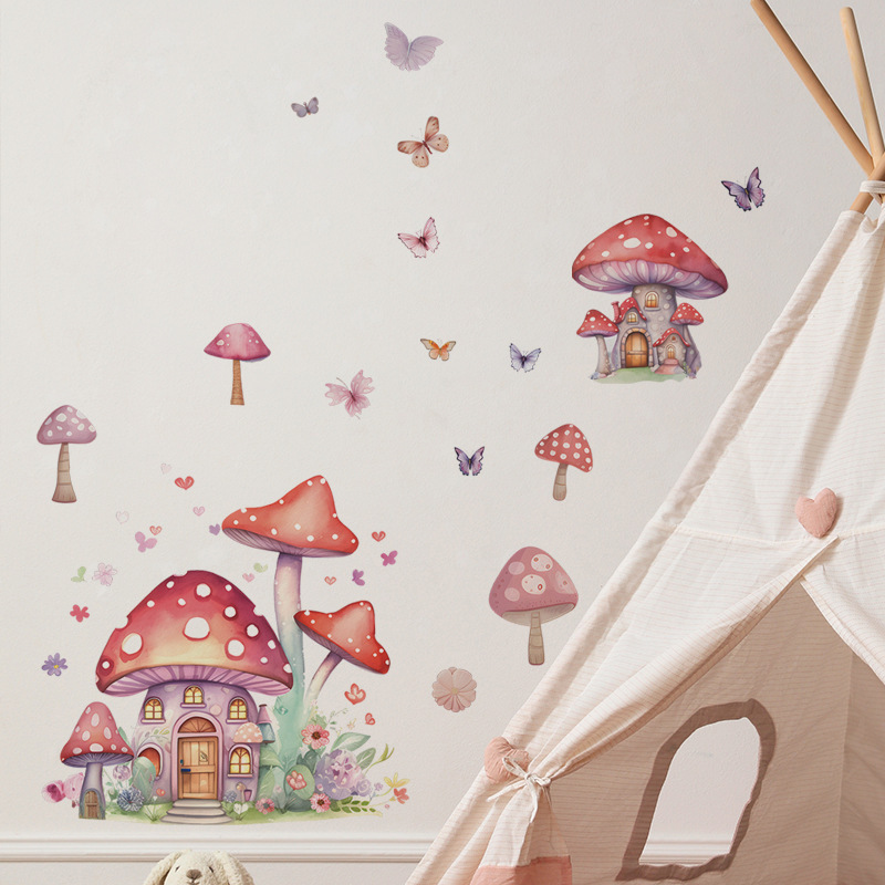 Cartoon mushroom house butterfly wall stickers water proof stickers for home decor kids room decoration