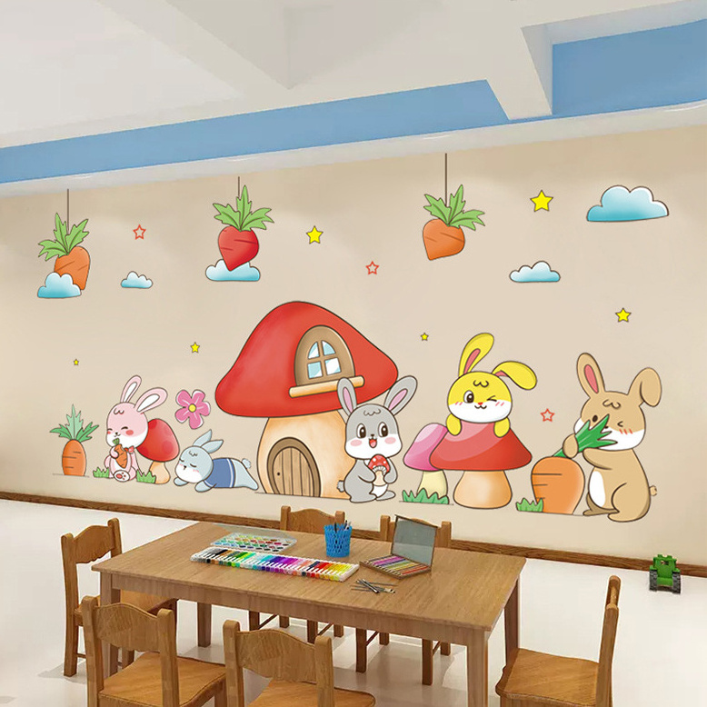 Self adhesive Mushroom and rabbit eats carrots wall stickers for kids room decoration nursery baby Kindergarten