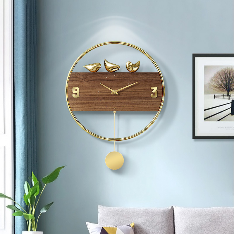 Italian light luxury bird wall clock copper-made home decor wooden custom wall clock for living room office shop