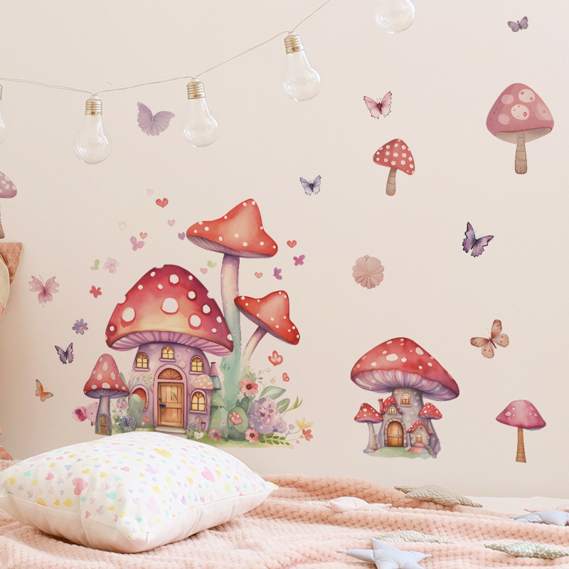 Cartoon mushroom house butterfly wall stickers water proof stickers for home decor kids room decoration