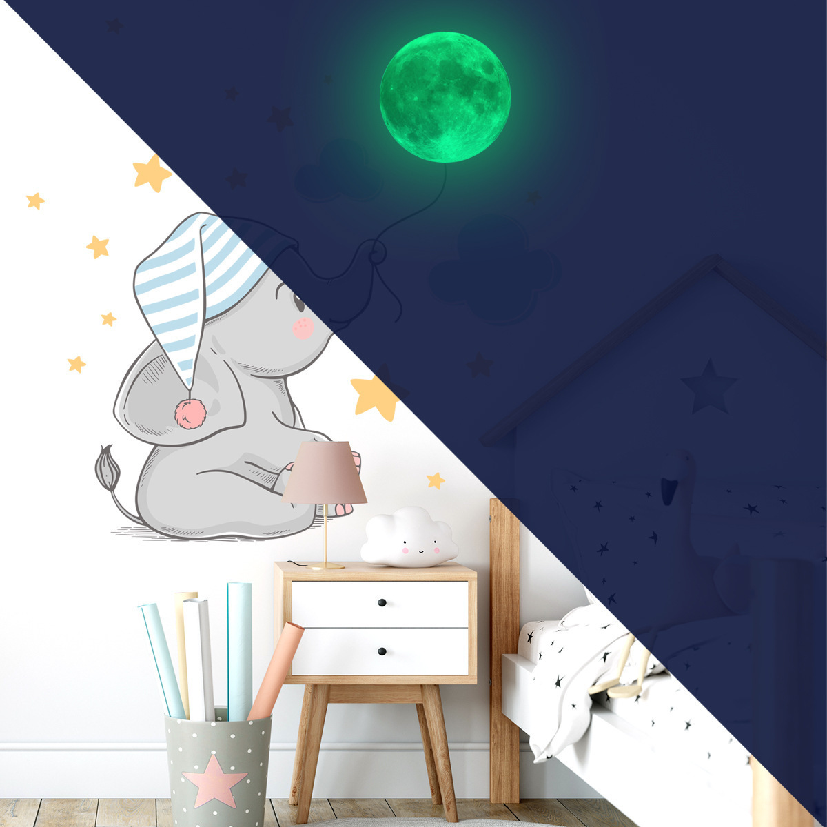 High quality elephant and moon luminous wall sticker glow in the dark stickers for home decor