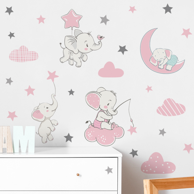 Cartoon elephant pink starry sky large decoration wall decal room wall sticker water proof wall stickers for home decor