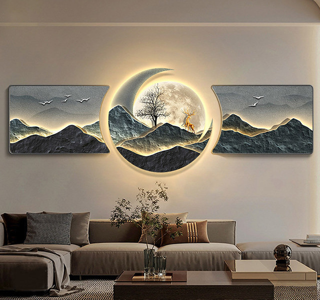 Light luxury mountains with birds porcelain modern glass wall painting wall art 3 pieces with led home decor for living room