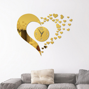 Decorative creative heart shape self adhesive 3d acrylic mirror wall clock stickers bedroom wall decals