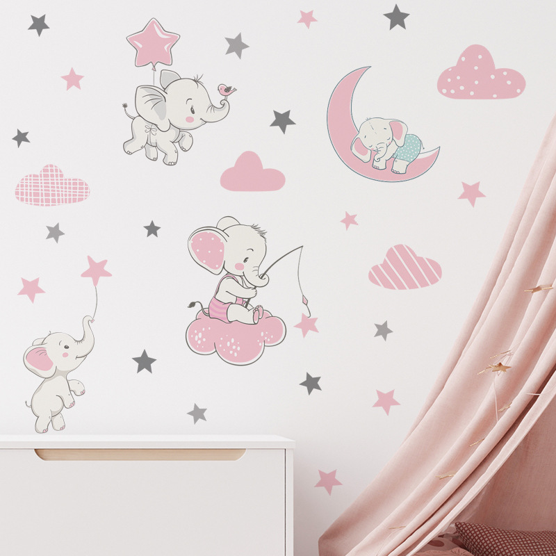 Cartoon elephant pink starry sky large decoration wall decal room wall sticker water proof wall stickers for home decor