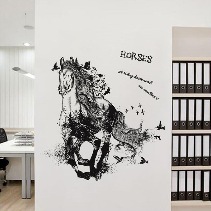 3d decorative self adhesive pvc black horse wall stickers wall decals for study room office