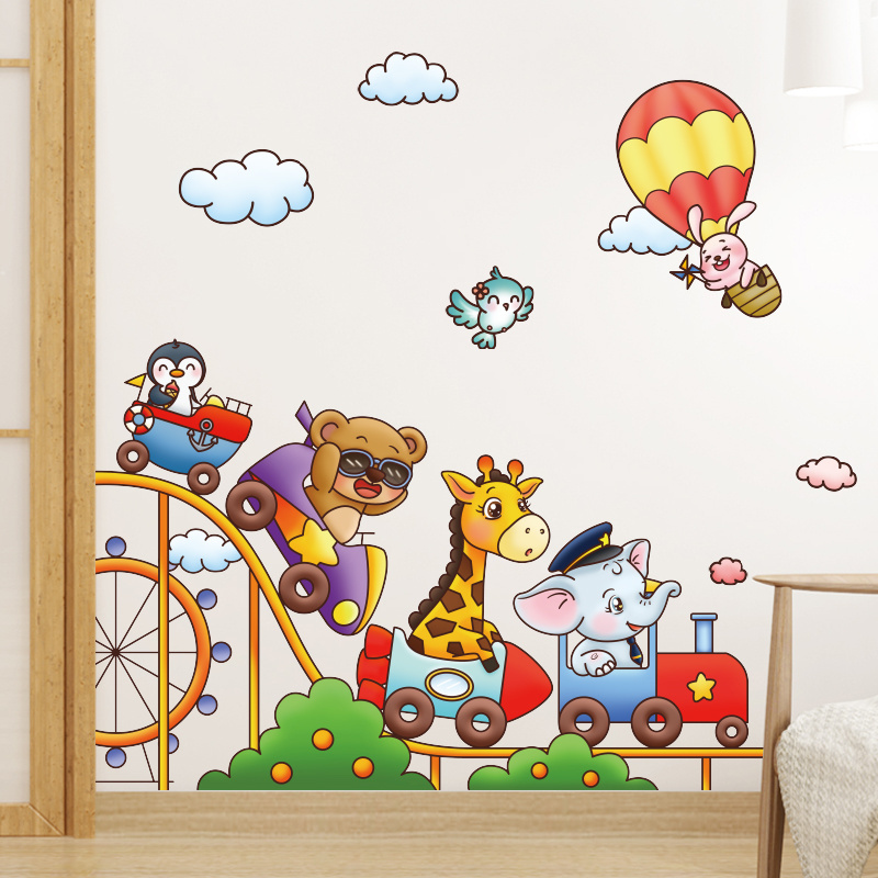 Self-adhesive new design cartoon animal train pvc wall sticker for kids bedroom nursery school decoration