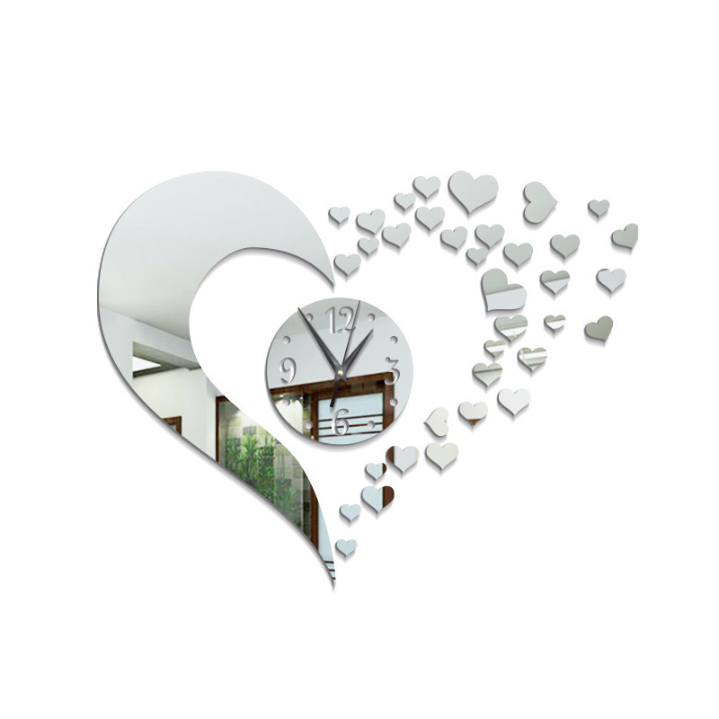 Decorative creative heart shape self adhesive 3d acrylic mirror wall clock stickers bedroom wall decals