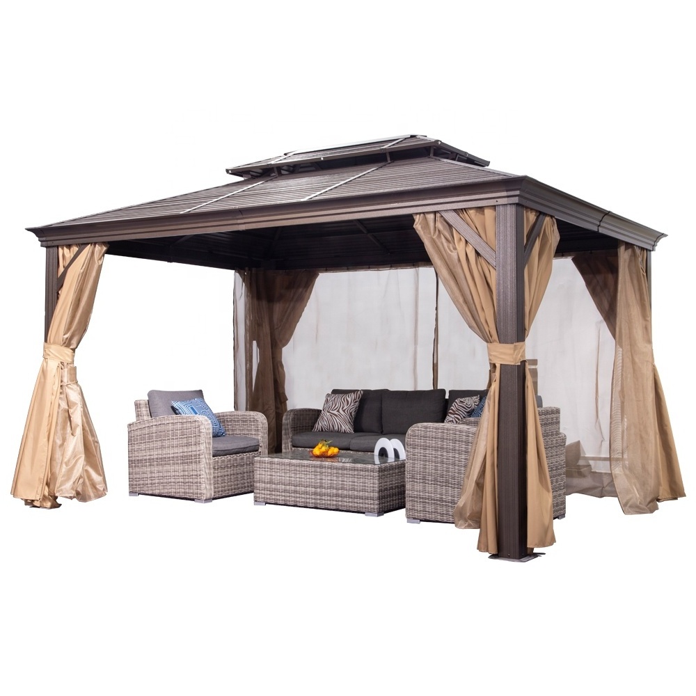 Outdoor Patio Garden Steel Frame Hardtop Metal Roof Gazebo with Privacy Curtains Netting