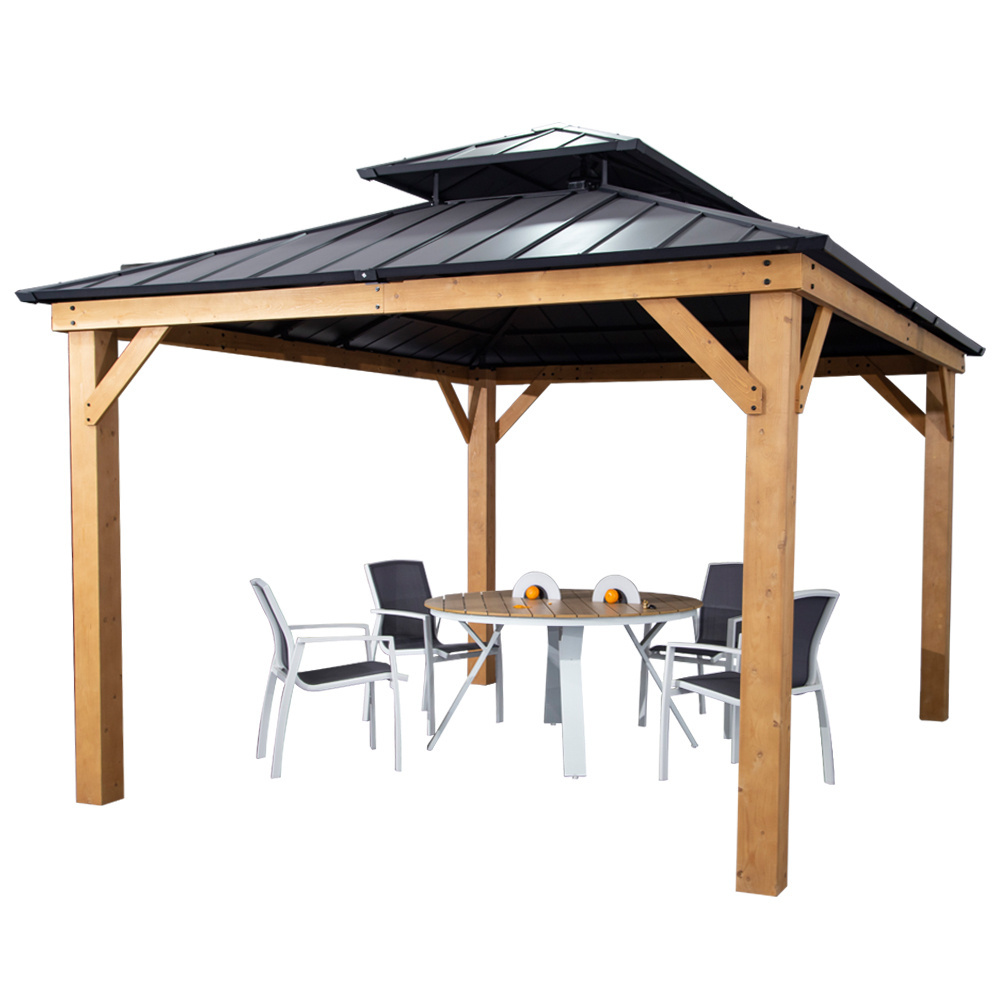 Patio Wood Roof Folding Pergola Wooden Gazebo Outdoor Garden with Metal Roof