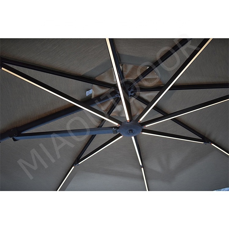 Outdoor Garden Patio Aluminum Commercial Cantilever Parasol Solar Panel Umbrella with LED Light